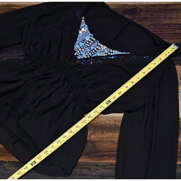 Alex Evenings Sheer Blouse Sliver Sequin Cami Elastic Waist & Cuffs Black Large - Picture 3 of 6
